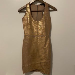 BCBG XS rose gold foil mini bandage dress with scoop neck.